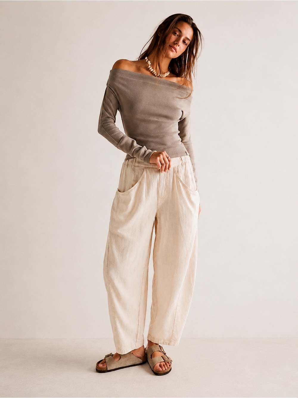 Free People Linen Blend Barrel Leg Pants Beige Pull On Size M